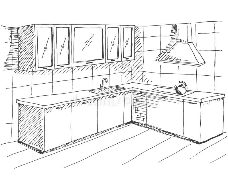 Рисунок угловой кухни карандашом