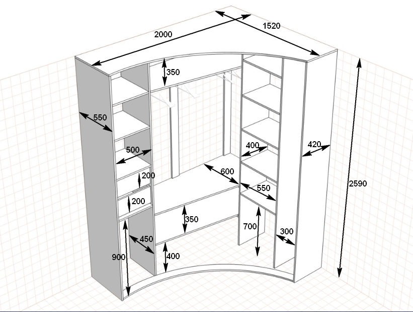 Схема углового шкафа с размерами