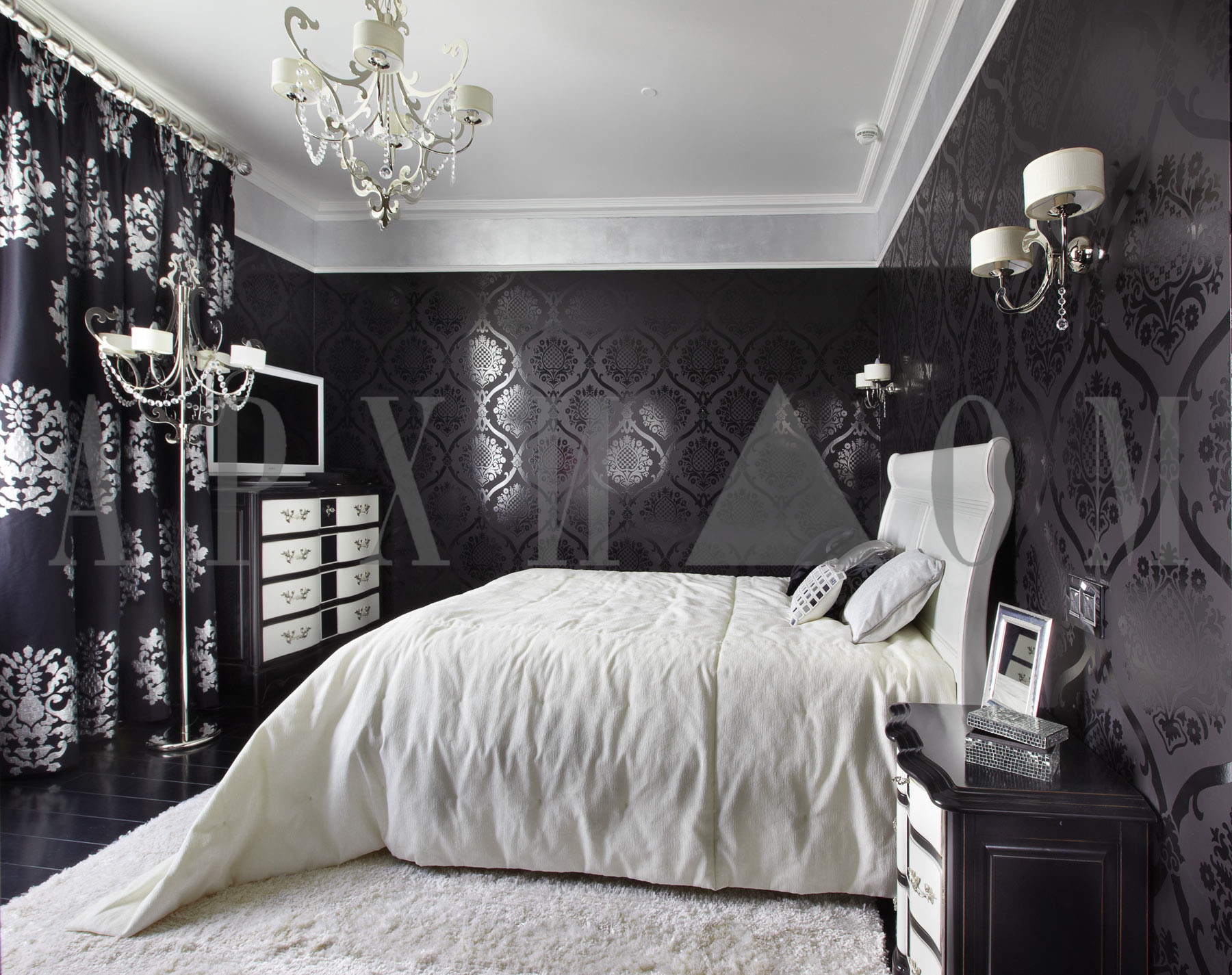 Черно белое оформление комнаты