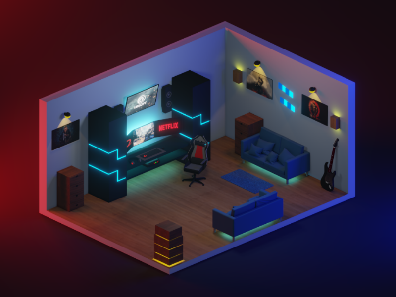 3d Gaming isometric Room (Razer themed). Компьютерная комната дизайн. 3д комната. Комната для игр.