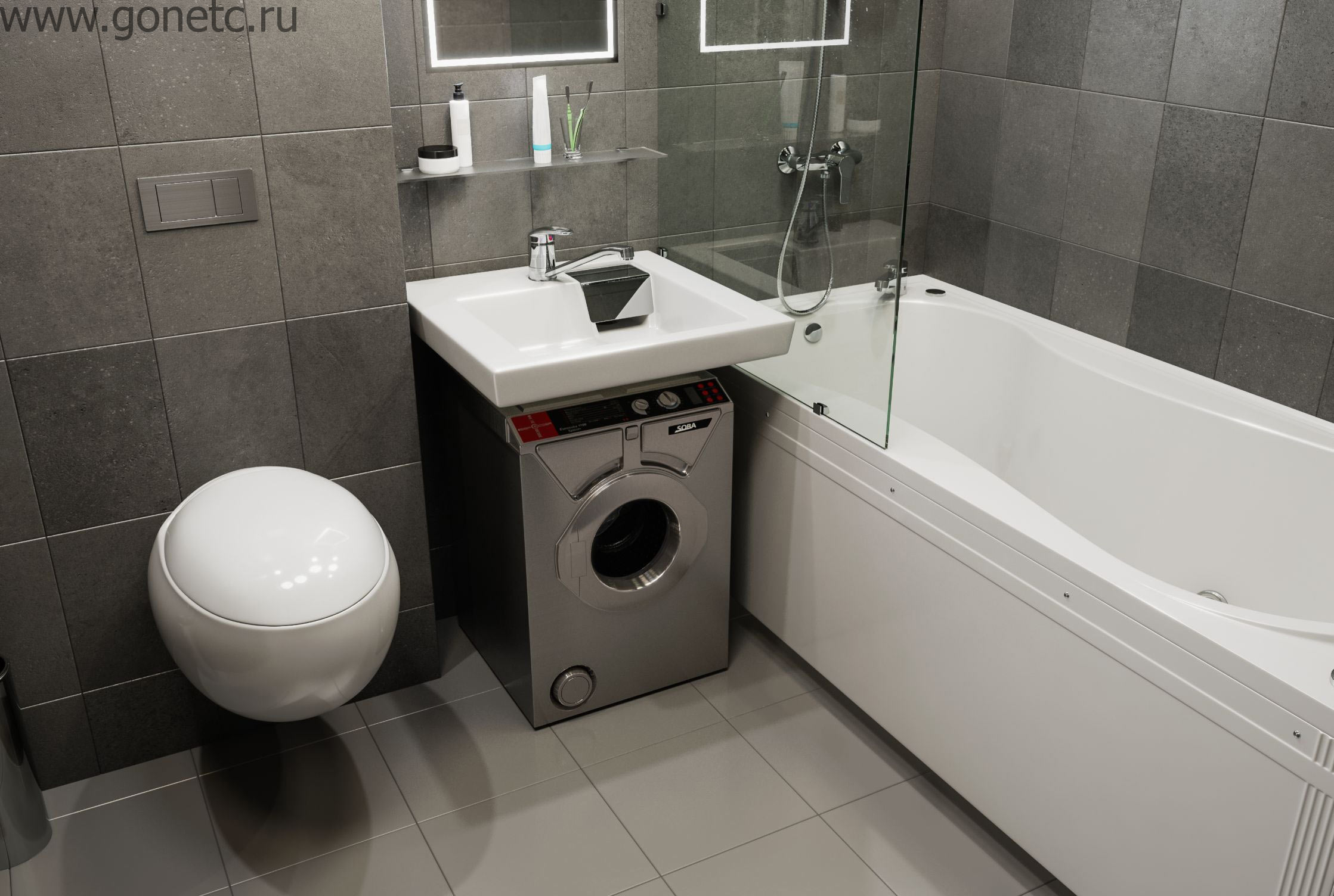 Дизайн маленькой ванной комнаты с туалетом и стиральной машиной и душевой