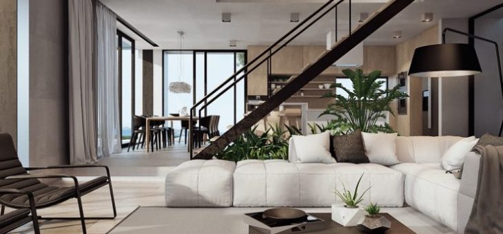 Дизайн жилища – оформление интерьера всех комнат внутри загородного коттеджа, декор лестницы на второй этаж в частном доме