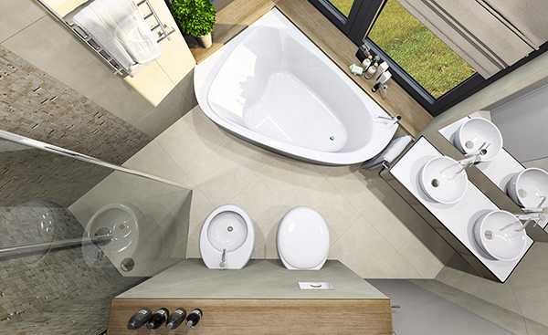 Дизайн стандартной ванной комнаты с угловой ванной