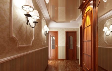 Коридор натяжной потолок – дизайн с фотопечатью двухуровневого парящего потолочного покрытия с глянцевой поверхностью для длинной прихожей