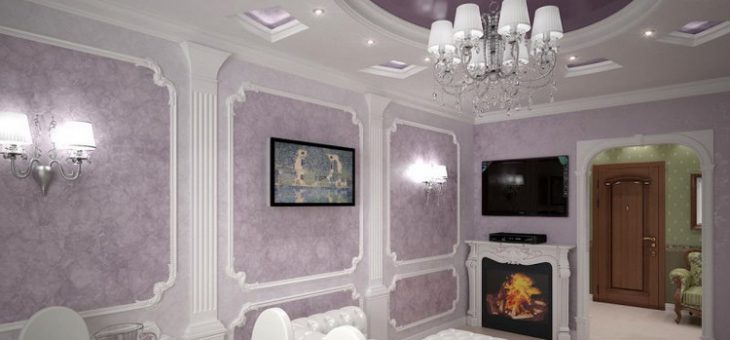 Натяжной потолок фиолетовый фото – красивые сочетания натяжного полотна с голубым и белым, желтым и лиловым цветом, как подобрать соответствующий оттенок потолочного плинтуса