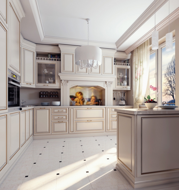 Белая кухня неоклассика в интерьере