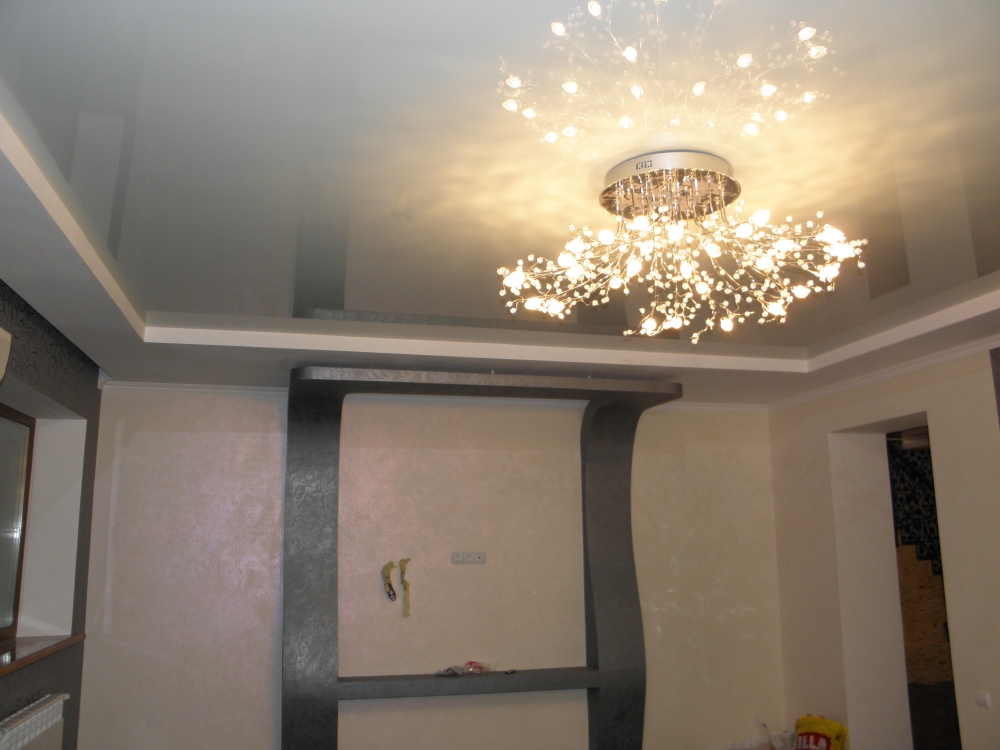 Натяжные потолки фото для зала в квартире одноуровневые со светильниками