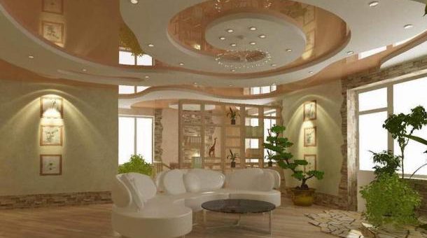 Виды натяжных потолков фото для зала